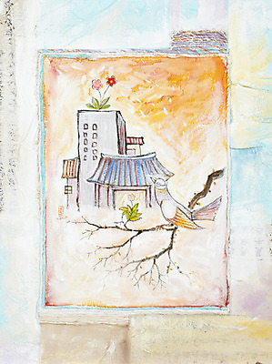 JPG 동물 한마리 건축물 종이 백그라운드 일러스트 조류 수채화 주택 미술 풍경 사람없음 건물 나뭇가지 시화 그림 국내일러스트 나무 1 건축 문화예술 파일형식