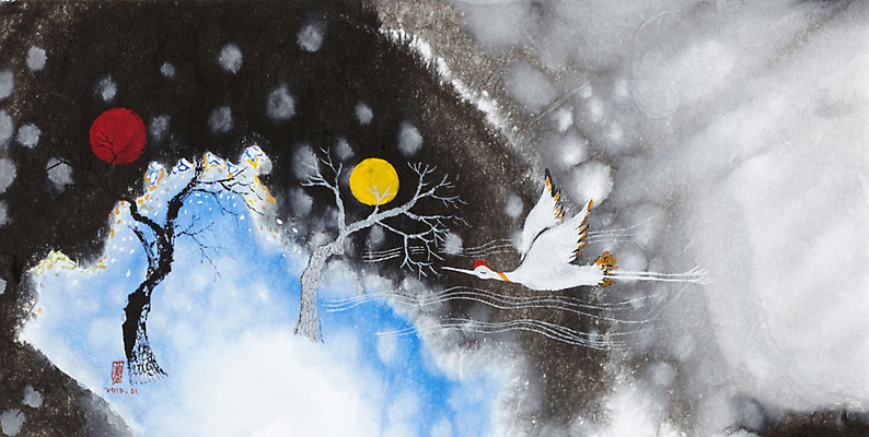 JPG 나무 식물 동물 한마리 한국전통 계절 백그라운드 겨울 일러스트 조류 수채화 새해 수묵화 미술 풍경 사람없음 학 달 비행 눈 시화 그림 겨울배경 국내일러스트 자연요소 1 전통 날씨 문화예술 한국 파일형식