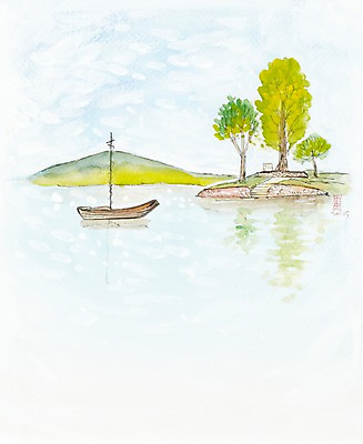 JPG 나무 식물 호수 교통수단 백그라운드 수상교통 일러스트 자연 수채화 산 미술 풍경 사람없음 강 물가 한척 강가 나룻배 시화 그림 나루터 돛대 선박 국내일러스트 1 교통 배_교통 문화예술 항구 생태계 파일형식