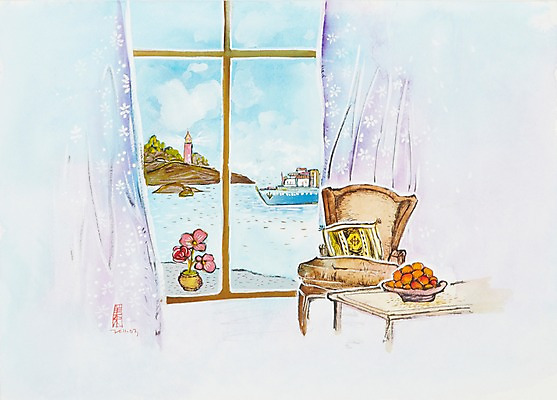 JPG 식물 꽃 화분 교통수단 바다 백그라운드 수상교통 의자 일러스트 창문 탁자 수채화 주택 등대 미술 풍경 해변 사람없음 커튼 한척 창가 시화 그림 선박 국내일러스트 1 가구 교통 문화예술 건물 파일형식