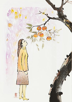 JPG 나무 식물 응시 계절 여자 열매 음식 백그라운드 과일 일러스트 수채화 한그루 감 미술 한명 사람 풍경 성인 가을풍경 올려보기 가을 과일나무 시화 감나무 그림 여자만 여자한명만 성인여자만 성인만 가을배경 국내일러스트 1 시선 모션 문화예술 파일형식
