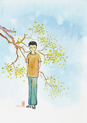 JPG 나무 식물 남자 어린이 백그라운드 일러스트 수채화 미술 한명 사람 소년 나뭇가지 시화 그림 남자만 남자한명만 어린이만 소년만 소년한명만 국내일러스트 1 문화예술 파일형식