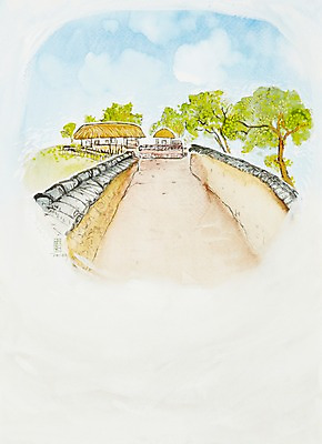 JPG 나무 식물 구름 건축물 건축 길 백그라운드 고건축 한국건축 일러스트 하늘 수채화 주택 초가집 미술 풍경 사람없음 건물 담장 동양건축 원근감 시골 골목길 시화 그림 시골집 국내일러스트 자연요소 뷰포인트 문화예술 한옥 파일형식 동양