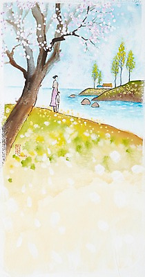 JPG 나무 식물 계절 꽃 화초 호수 백그라운드 일러스트 자연 수채화 꽃나무 미술 사람 풍경 두명 강 봄풍경 봄 시화 그림 봄배경 국내일러스트 문화예술 생태계 파일형식