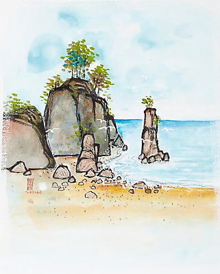 JPG 나무 식물 바다 백그라운드 일러스트 자연 수채화 미술 풍경 해변 사람없음 모래사장 암석 돌_바위 바위 시화 그림 국내일러스트 문화예술 생태계 파일형식