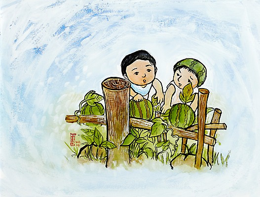 JPG 한국문화 한국전통 전통 계절 열매 남자 전통문화 문화 어린이 음식 백그라운드 과일 일러스트 장난 놀이 여름음식 수채화 수박 미술 사람 소년 두명 여름 울타리 과수원 절도 시화 그림 서리 수박서리 남자만 어린이만 소년만 제철음식 제철과일 국내일러스트 식물 동양문화 농업 문화예술 한국 담장 범죄 제철 파일형식 여름_계절