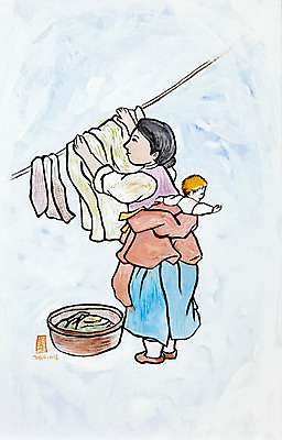 JPG 한국문화 한국전통 전통 옷 여자 전통문화 문화 백그라운드 가사 일러스트 엄마 수채화 미술 서기 사람 성인 두명 육아 자녀 아기 빨래 빨랫줄 한복 시화 그림 업기 대야 빨랫감 아낙 아낙네 옛날 여자만 국내일러스트 동양문화 줄 가족 모션 문화예술 한국 전통의상 파일형식