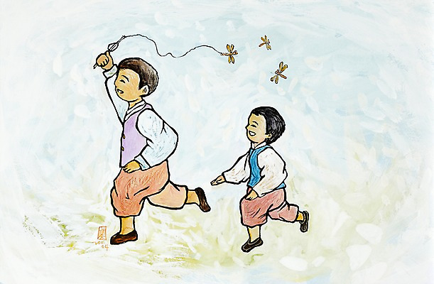 JPG 동물 한국문화 한국전통 전통 남자 전통문화 문화 어린이 곤충 백그라운드 일러스트 장난 침구 놀이 수채화 미술 사람 소년 두명 달리기 잠자리 수집 시화 그림 형제 곤충채집 동생 형 남자만 어린이만 국내일러스트 동양문화 가족 모션 문화예술 한국 파일형식