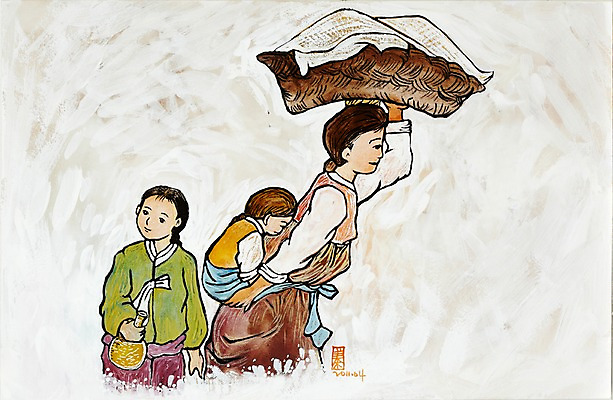 JPG 한국문화 한국전통 전통 여자 남자 전통문화 문화 아들 어린이 백그라운드 일러스트 가족 엄마 수채화 미술 사람 소년 성인 세명 소쿠리 광주리 육아 자녀 한복 시화 그림 형제 업기 장사 옛날 국내일러스트 동양문화 관계 모션 문화예술 한국 바구니 전통의상 상업 파일형식