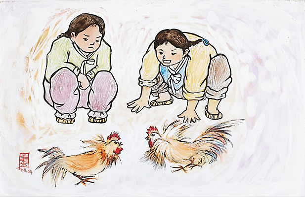 JPG 동물 한국문화 한국전통 전통 남자 전통문화 문화 어린이 백그라운드 두마리 일러스트 조류 수채화 미술 사람 앉기 소년 두명 전통놀이 가축 경쟁 닭 시화 그림 싸움 닭싸움 남자만 어린이만 소년만 국내일러스트 동양문화 컨셉 2 모션 놀이 문화예술 한국 파일형식