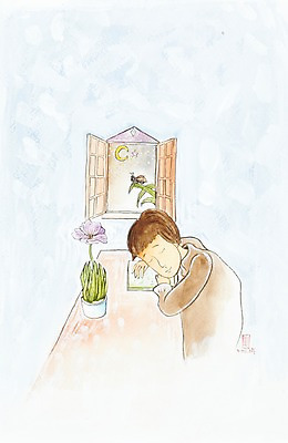 JPG 식물 남자 꽃 화분 엎드리기 곤충 백그라운드 잎 일러스트 창문 탁자 수채화 미술 한명 사람 상반신 책 독서 달 달밤 잠 풀잎 수면 벌레 졸음 야간 저녁 초승달 시화 그림 창밖 남자만 남자한명만 국내일러스트 자연요소 동물 1 감정 가구 모션 문화예술 물 풀_식물 파일형식