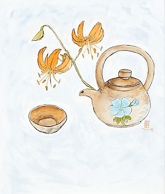JPG 식물 전통 꽃 음료 음식 백그라운드 일러스트 주전자 잔 수채화 한잔 미술 사람없음 컵 전통음식 차 전통차 찻잔 다기 찻주전자 시화 그림 꽃차 원추리 국내일러스트 1 식기 주방용품 문화예술 차_음료 다도 나물 파일형식