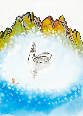 JPG 전통 호수 백그라운드 수상교통 일러스트 자연 수채화 산 미술 한명 사람 풍경 강 나룻배 뱃사공 시화 그림 노젓기 나루터 선박 국내일러스트 1 교통수단 배_교통 모션 문화예술 항구 생태계 파일형식