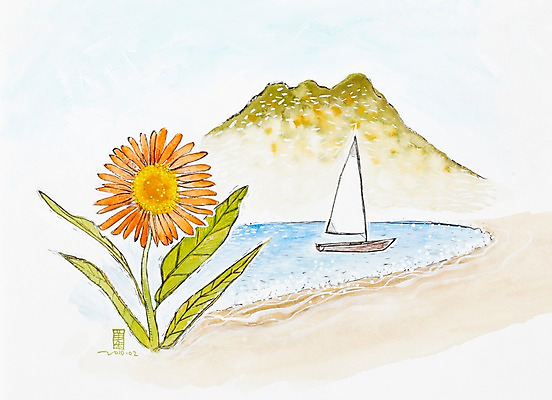 JPG 나무 식물 꽃 화초 바다 섬 백그라운드 수상교통 한송이 일러스트 자연 수채화 산 미술 풍경 해변 사람없음 물가 한척 돛단배 시화 그림 선박 국내일러스트 1 교통수단 배_교통 문화예술 생태계 송이 파일형식