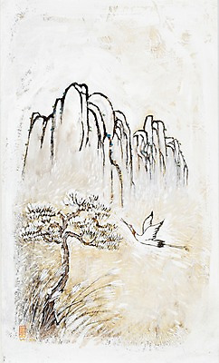 JPG 나무 식물 동물 한마리 전통 백그라운드 일러스트 자연 조류 수채화 새해 산 한그루 미술 풍경 사람없음 학 비행 소나무 시화 그림 날갯짓 국내일러스트 1 문화예술 생태계 파일형식