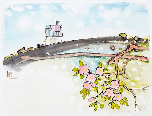 JPG 나무 식물 구름 계절 꽃 화초 백그라운드 일러스트 자연 하늘 수채화 주택 꽃나무 미술 풍경 사람없음 마을 봄풍경 봄 나뭇가지 시화 언덕 그림 봄배경 국내일러스트 자연요소 문화예술 건물 생태계 파일형식