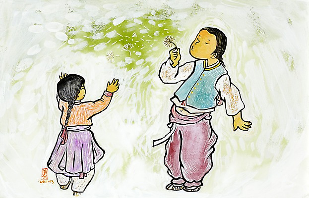 JPG 식물 한국문화 한국전통 전통 여자 남자 전통문화 문화 어린이 백그라운드 일러스트 장난 놀이 수채화 남매 미술 씨앗 사람 소녀 소년 두명 한복 불기 시화 그림 여동생 민들레홀씨 동생 옛날 오빠 어린이만 국내일러스트 동양문화 가족 모션 문화예술 한국 전통의상 민들레 파일형식