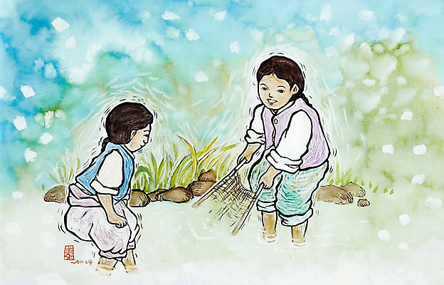 JPG 한국문화 한국전통 전통 남자 전통문화 문화 어린이 백그라운드 일러스트 놀이 낚시 수채화 한국 미술 사람 소년 두명 친구 강 뜰채 그물 개울 한복 시화 그림 형제 고기잡이 옛날 남자만 어린이만 국내일러스트 동양문화 아시아 가족 관계 레저 문화예술 어업 낚시용품 전통의상 파일형식