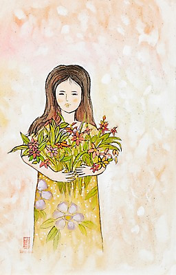 JPG 식물 여자 꽃 화초 꽃다발 백그라운드 일러스트 안기 수채화 미술 한명 사람 시화 그림 여자만 여자한명만 국내일러스트 1 모션 문화예술 파일형식