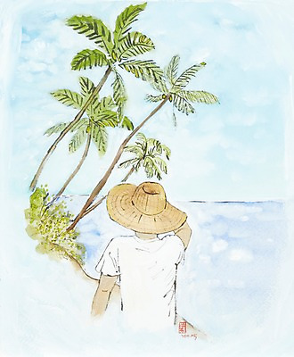 JPG 나무 식물 구름 모자 계절 남자 바다 여행 백그라운드 일러스트 자연 하늘 휴가 수채화 미술 한명 사람 풍경 상반신 해변 여름 여름휴가 바캉스 야자수 시화 그림 휴양지 밀짚모자 남자만 남자한명만 국내일러스트 자연요소 모자_잡화 1 잡화 문화예술 장소 생태계 파일형식 여름_계절