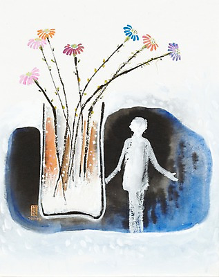 JPG 식물 꽃 화초 여러송이 백그라운드 일러스트 수채화 미술 한명 사람 꽃병 시화 그림 국내일러스트 1 다수 문화예술 파일형식