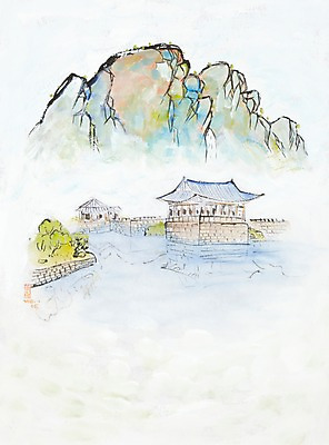 JPG 나무 식물 전통 건축물 건축 호수 백그라운드 고건축 한국건축 일러스트 자연 수채화 산 물그림자 미술 풍경 사람없음 건물 동양건축 연못 시화 그림 정자 국내일러스트 문화예술 그림자 생태계 파일형식 동양