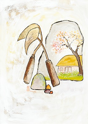 JPG 나무 식물 꽃 백그라운드 고건축 농업 일러스트 수채화 주택 초가집 한그루 미술 풍경 사람없음 농사 돌_바위 바위 도구 농촌 시골 농기구 시화 그림 시골집 호미 국내일러스트 1 건축물 산업 문화예술 한옥 건물 파일형식