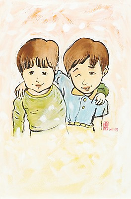 JPG 학생 남자 초등학생 어린이 백그라운드 일러스트 어깨동무 수채화 미술 사람 소년 상반신 두명 친구 우정 시화 그림 남자만 어린이만 소년만 국내일러스트 포즈 관계 문화예술 파일형식