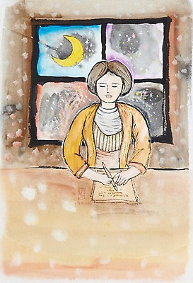 JPG 여자 백그라운드 일러스트 창문 수채화 미술 한명 사람 상반신 펜 달 달밤 기록 야간 저녁 초승달 편지 창가 시화 편지지 그림 편지쓰기 여자만 여자한명만 소식_알림 국내일러스트 자연요소 1 컨셉 문화예술 필기구 파일형식