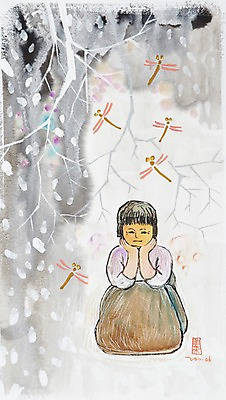 JPG 나무 식물 동물 계절 여자 곤충 백그라운드 여러마리 일러스트 수채화 미술 한명 사람 풍경 가을풍경 턱괴기 가을 나뭇가지 잠자리 시화 그림 고추잠자리 여자만 여자한명만 가을배경 국내일러스트 1 다수 모션 문화예술 파일형식 가을_계절