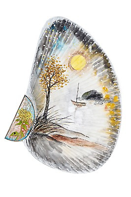 JPG 나무 식물 꽃 호수 백그라운드 일러스트 자연 수채화 미술 풍경 사람없음 강 보름달 달 달밤 물가 부채 야간 저녁 강가 나룻배 시화 그림 나루터 선박 국내일러스트 자연요소 수상교통 배_교통 문화예술 항구 생태계 파일형식