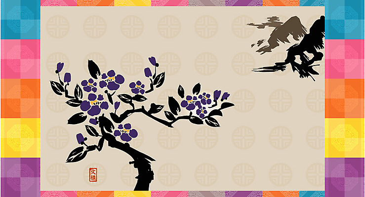 EPS 모양 나무 식물 한국전통 전통 문양 디자인 꽃 실루엣 아시아 백그라운드 잎 무늬 꽃무늬 패턴 일러스트 산 꽃나무 그림자 수묵화 사람없음 도장 전통문양 보라색 낙관 직인 국내일러스트 나라 컬러 한국 촬영기법 미술 파일형식 벡터