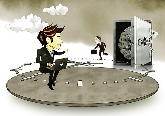 PSD 구름 남자 시계 가방 일러스트 비즈니스 미소 웃음 사람 성인 두명 30대 경제 노트북 달러 비즈니스맨 화폐기호 시곗바늘 금융비즈니스 금고 단위 남자만 성인남자만 장년만 장년남자만 성인만 국내일러스트 자연요소 기호 잡화 돈 표정 장년 금융 전자제품 직장인 화폐 파일형식