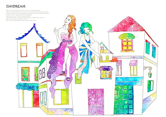 PSD 여자 여유 백그라운드 일러스트 상상 휴식 주택 상상일러스트 사람 두명 건물 10대 판타지 마을 여자만 십대만 십대여자만 국내일러스트 건축물 감정 컨셉 청소년 파일형식