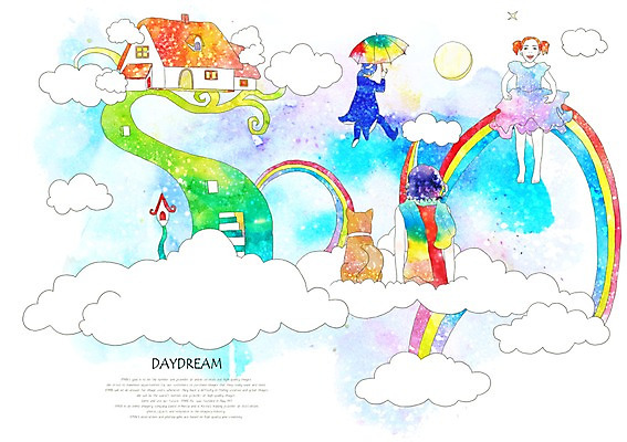 PSD 동물 구름 여자 남자 반려견 여유 백그라운드 무지개 일러스트 우산 상상 하늘 휴식 주택 상상일러스트 사람 20대 성인 세명 판타지 개 강아지 청년만 성인만 국내일러스트 자연요소 감정 컨셉 포유류 청년 건물 반려동물 파일형식