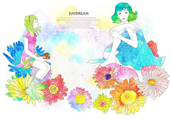 PSD 식물 여자 꽃잎 꽃 여유 백그라운드 잎 꽃밭 일러스트 상상 휴식 상상일러스트 씨앗 사람 성인 두명 판타지 엄지공주 여자만 성인여자만 성인만 국내일러스트 감정 컨셉 동화 공주님 파일형식