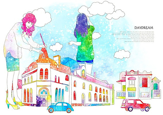 PSD 구름 여자 여유 백그라운드 일러스트 상상 자동차 하늘 휴식 주택 상상일러스트 미소 웃음 사람 20대 성인 두명 건물 판타지 마을 그리기 그림 여자만 성인여자만 청년만 청년여자만 성인만 국내일러스트 자연요소 건축물 감정 육상교통 컨셉 모션 표정 청년 파일형식