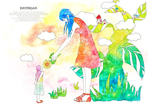 PSD 나무 식물 구름 여자 꽃 여유 백그라운드 일러스트 상상 휴식 해바라기 상상일러스트 사람 성인 두명 판타지 풀 거인 소인 여자만 성인여자만 성인만 국내일러스트 자연요소 감정 컨셉 파일형식