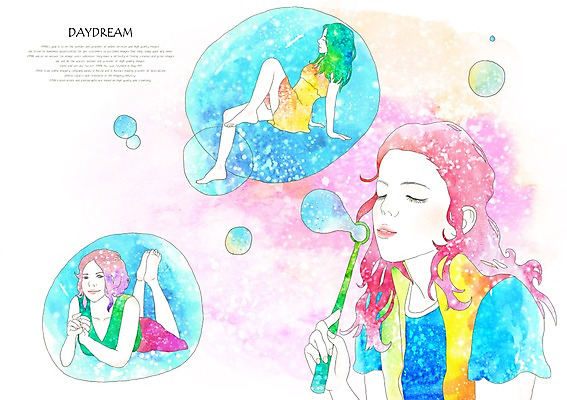 PSD 여자 여유 어린이 백그라운드 일러스트 상상 놀이 휴식 상상일러스트 사람 소녀 20대 성인 10대 세명 판타지 눈감음 비눗방울 여자만 국내일러스트 감정 컨셉 모션 청소년 청년 파일형식