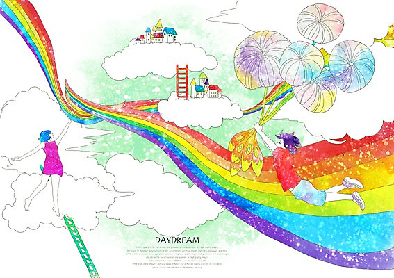 PSD 구름 여자 남자 여유 여행 백그라운드 무지개 일러스트 사다리 상상 하늘 휴식 주택 상상일러스트 사람 소년 두명 판타지 민들레홀씨 국내일러스트 자연요소 감정 어린이 컨셉 건물 도구 민들레 파일형식