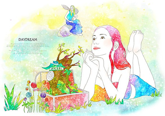 PSD 나무 식물 여자 꽃 여유 백그라운드 일러스트 상상 휴식 주택 상상일러스트 어류 사람 20대 성인 두명 판타지 풀 보물상자 여자만 성인여자만 청년만 청년여자만 성인만 국내일러스트 감정 컨셉 청년 건물 수중동물 파일형식