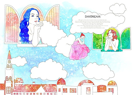 PSD 구름 여자 여유 백그라운드 일러스트 창문 상상 하늘 휴식 주택 상상일러스트 사람 성인 건물 세명 판타지 문 여자만 성인여자만 성인만 국내일러스트 자연요소 건축물 감정 컨셉 파일형식