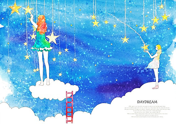 PSD 구름 여자 별 여유 백그라운드 일러스트 사다리 상상 하늘 휴식 상상일러스트 서기 사람 두명 10대 판타지 여자만 십대만 십대여자만 국내일러스트 자연요소 감정 컨셉 모션 청소년 도구 파일형식