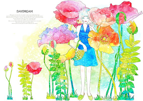 PSD 식물 여자 꽃잎 꽃 여유 백그라운드 잎 꽃밭 일러스트 상상 휴식 요정 상상일러스트 한명 사람 판타지 여자만 여자한명만 국내일러스트 1 감정 컨셉 파일형식