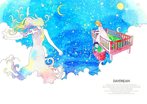 PSD 구름 여자 남자 별 여유 어린이 가구 백그라운드 일러스트 상상 밤하늘 하늘 휴식 상상일러스트 사람 소녀 소년 성인 세명 판타지 달 침대 저녁 아기침대 여신 국내일러스트 자연요소 감정 생활용품 컨셉 아기용품 야간 파일형식