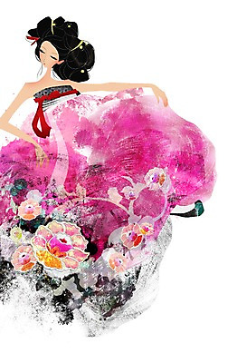 PSD 식물 문자 한국문화 한국전통 전통 여자 꽃 잎 일러스트 한명 사람 성인 화려 우아함 전통의상 한복 올림머리 꽃신 가채 여자만 여자한명만 성인여자만 성인만 국내일러스트 1 동양문화 헤어스타일 신발 컨셉 전통소품 한국 파일형식