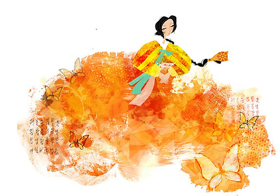 전신 PSD 식물 동물 문자 한국문화 한국전통 전통 여자 나비 곤충 잎 일러스트 한명 사람 앉기 성인 화려 우아함 전통의상 한복 댕기머리 색동저고리 여자만 여자한명만 성인여자만 성인만 국내일러스트 1 동양문화 헤어스타일 컨셉 모션 한국 저고리 파일형식