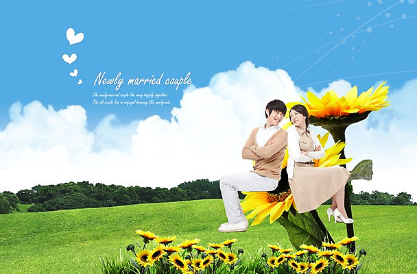 전신 PSD 나무 식물 구름 편집이미지 부부 커플 여자 남자 꽃 한쌍 포즈 꽃밭 신혼부부 하늘 남편 해바라기 사랑 미소 웃음 사람 앉기 동양인 잔디 초원 성인 두명 옆모습 30대 노란색 마주보기 팔짱 한국인 아내 쌍 풀 장년만 성인만 이미지편집 자연요소 감정 뷰포인트 컬러 관계 모션 표정 인종 장년 신혼 파일형식
