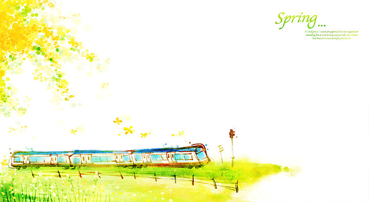 PSD 나무 식물 계절 꽃 백그라운드 교통 일러스트 교통시설 따뜻함 풍경 초원 사람없음 울타리 봄 기찻길 기차 전철 개나리 철도의날 봄배경 국내일러스트 육상교통 대중교통 담장 시설 파일형식 법정기념일