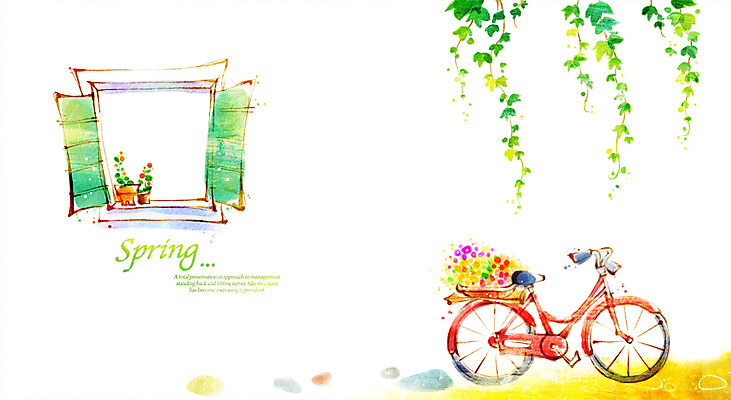 PSD 식물 계절 꽃 백그라운드 잎 일러스트 창문 나뭇잎 따뜻함 풍경 사람없음 문 자전거 봄 담쟁이덩굴 덩굴 봄배경 국내일러스트 바이크 파일형식